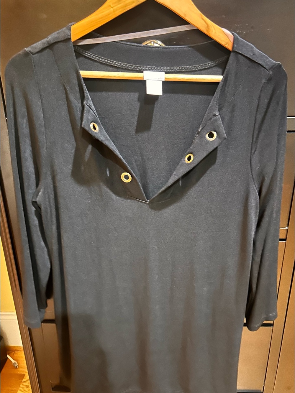 Chico's Black V-Neck Top with Gold Eyelet Trim